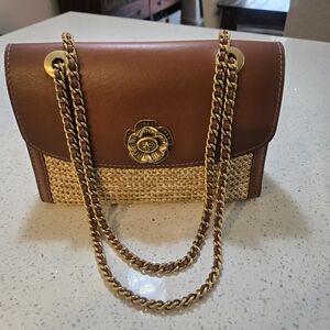 Coach Brown and Tan Shoulder Bag with Gold Chain
